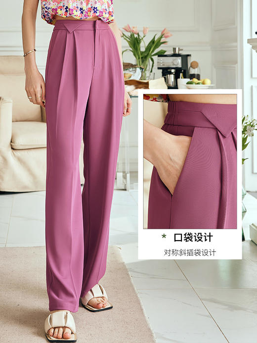 OLrain欧芮儿法式树莓粉休闲裤女夏季2023新款高腰直筒阔腿薄款裤 商品图2