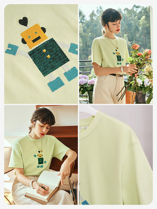 OLrain欧芮儿法式短袖T恤女春季2023新款宽松重工珠片绣休闲上衣 商品图2