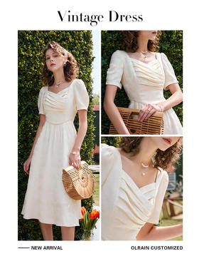 欧芮儿方领连衣裙女夏季2022新款收腰法式气质提花垂感a字大摆裙