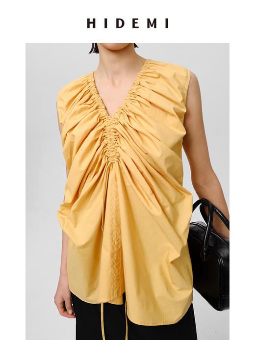 HIDEMI 抽绳立体褶皱设计感前后两穿式连衣裙上衣 阳光橙/黑色 商品图6