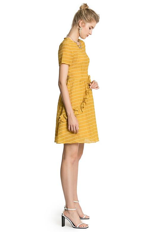 YI ZHUO一琢 黄色木耳边饰收腰连衣裙 2663 商品图2