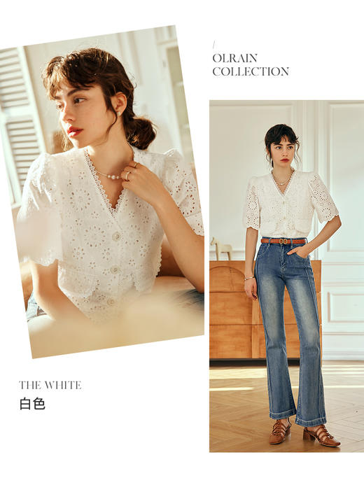 OLrain欧芮儿法式白色v领蕾丝雪纺衫女夏季2023新款镂空刺绣小衫 商品图2