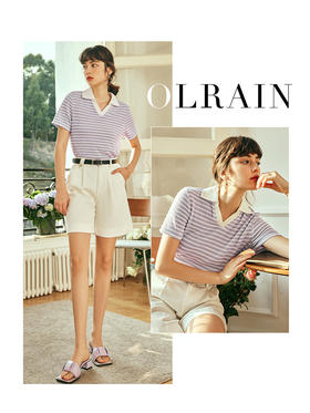 OLrain欧芮儿法式polo领条纹针织衫女夏季2023新款宽松撞色套头衫