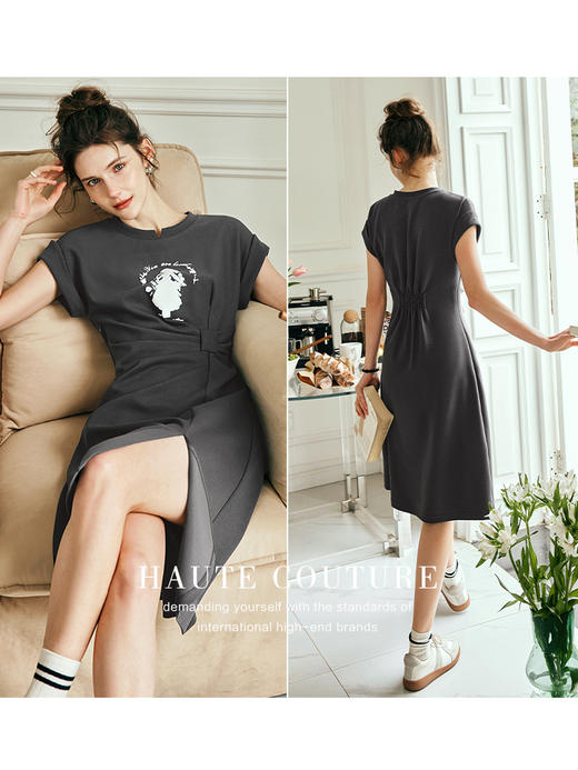 OLrain欧芮儿法式灰色针织连衣裙女夏季2023新款收腰肌理感开叉裙 商品图2