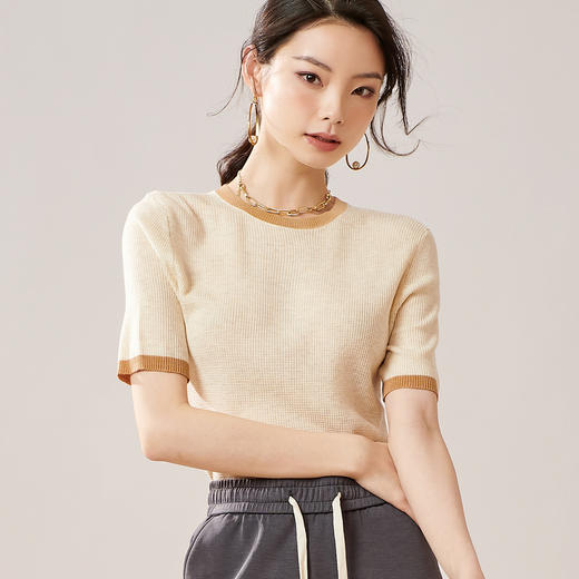 芳外【拼色基础针织T】2024夏季新款薄款弹力女式针织衫 商品图3
