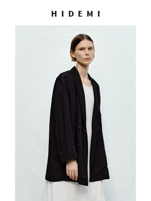 HIDEMI 清透艺术感微褶皱双排扣超薄西装外套 黄油色/黑色 商品图4