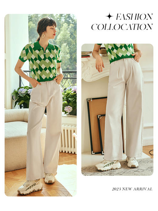 OLrain欧芮儿法式polo领针织衫女春季2023年新款修身几何拼色上衣 商品图1