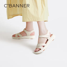 千百度女鞋夏季休闲凉鞋超轻厚底坡跟真皮魔术贴舒适 A23309301