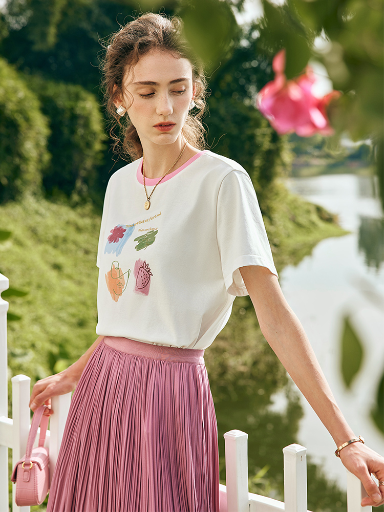 OLrain欧芮儿法式米白色短袖T恤女春季2023新款宽松印花休闲上衣