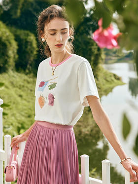 OLrain欧芮儿法式米白色短袖T恤女春季2023新款宽松印花休闲上衣