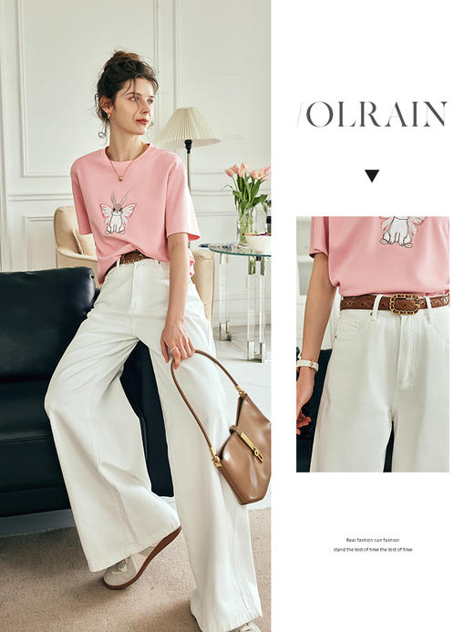 OLrain欧芮儿法式白色牛仔裤女夏季2023新款高腰宽松慵懒阔腿长裤 商品图1