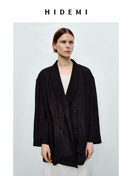 HIDEMI 清透艺术感微褶皱双排扣超薄西装外套 黄油色/黑色 商品图6