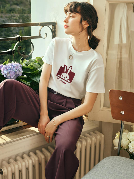 OLrain欧芮儿法式白色短袖T恤女夏季2023年新款宽松兔子印花上衣 商品图1