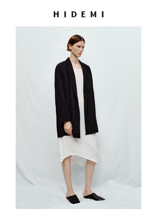 HIDEMI 清透艺术感微褶皱双排扣超薄西装外套 黄油色/黑色 商品图1