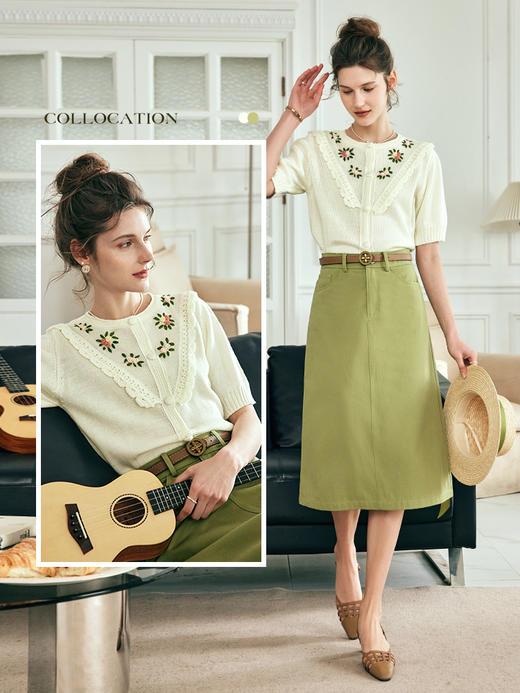 OLrain欧芮儿法式杏色针织开衫女夏季2023新款刺绣领拼接薄款上衣 商品图0