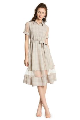 ZVY 杏色网格拼接连衣裙 2918