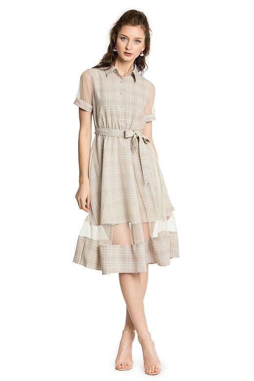 ZVY 杏色网格拼接连衣裙 2918 商品图0