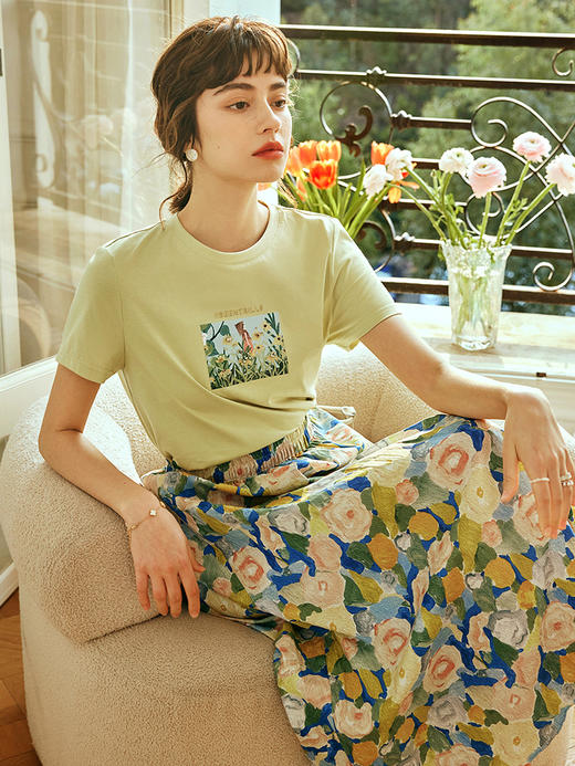 OLrain欧芮儿法式短袖印花T恤女春季2023年新款时尚钉珠休闲上衣 商品图3