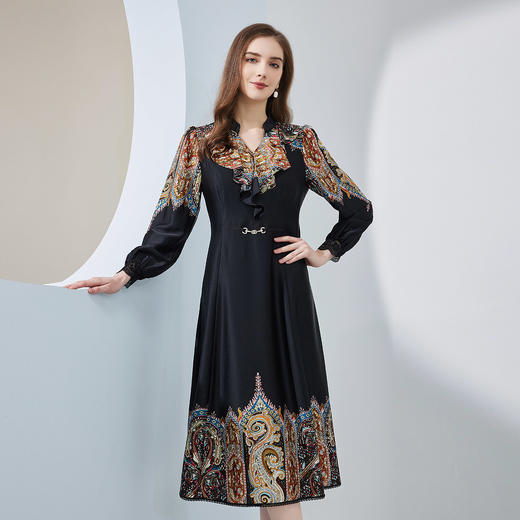 NF8D9斯尔丽瑟俪2023春夏波西米亚风定位花收腰大摆长裙荷叶领连衣裙 商品图0