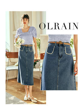OLrain欧芮儿法式牛仔半身裙女春季2023年新款高腰中长款A字伞裙