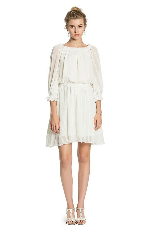 SUMMER & SAGE 白色纱质一字肩连衣裙 2753 商品图0