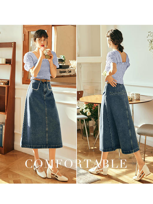 OLrain欧芮儿法式牛仔半身裙女春季2023年新款高腰中长款A字伞裙 商品图2