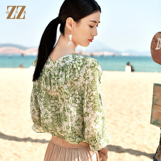 夏季新款 桑蚕丝真丝乔其印花荷叶领法式衬衫E32CS45 商品图4