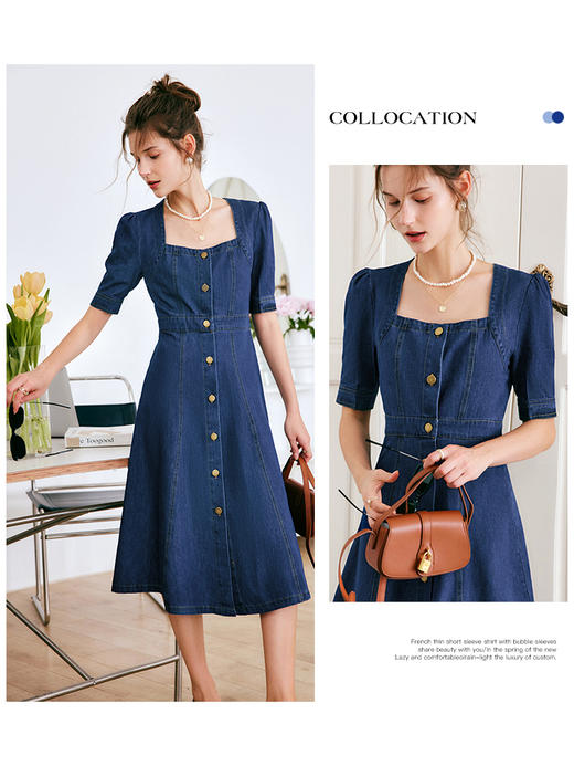 欧芮儿牛仔连衣裙女夏季2022新款法式收腰显瘦复古气质设计感裙子 商品图0