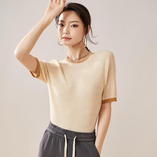 芳外【拼色基础针织T】2024夏季新款薄款弹力女式针织衫 商品图1