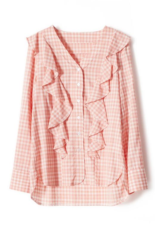 SUMMER & SAGE 荷叶边饰珊瑚色格纹上衣 7303 商品图3