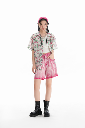 花色水洗牛仔短裤