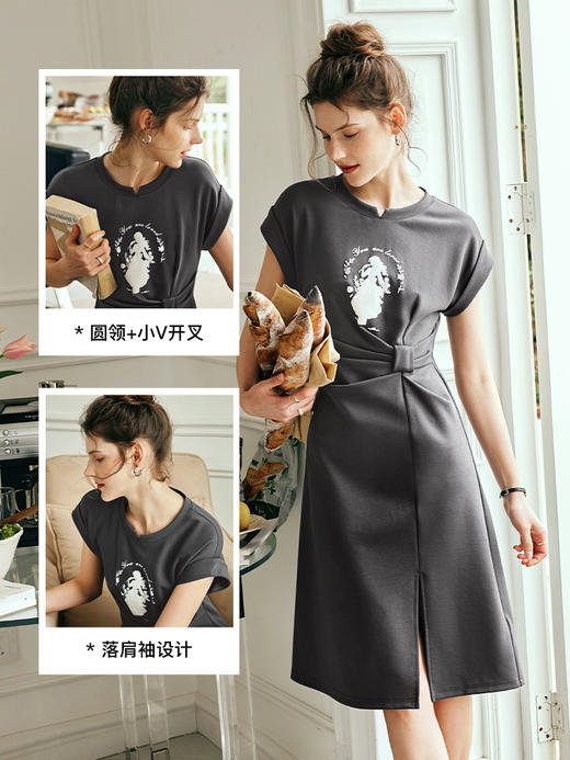 OLrain欧芮儿法式灰色针织连衣裙女夏季2023新款收腰肌理感开叉裙 商品图1