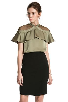 YI ZHUO一琢 墨绿色透视荷叶边饰上衣 2587