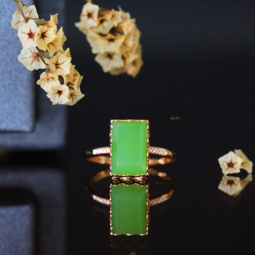 18K玫瑰金和田玉（碧玉）镶钻花边方戒/切割方牌7*11mm/苹果绿 商品图3