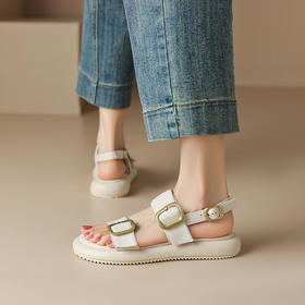 舒适休闲风金属方扣，厚底牛皮圆头皮带扣凉鞋AJ9063