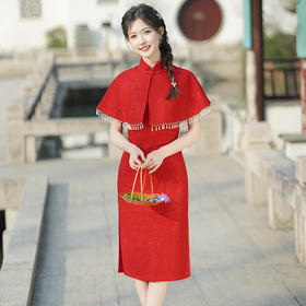 复古修身，红色复合蕾丝中长款新款改良年轻款中国风日常旗袍裙MLS-6655