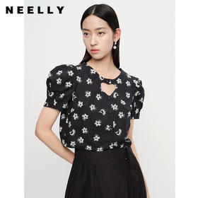 NEELLY纳俪商场同款泡泡袖印花衬衫女爱心镂空设计前系带短款上衣N23043R01083