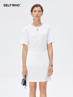 Self Who美国进口面料白色连衣裙2023新款夏季圆领别致落肩袖裙子