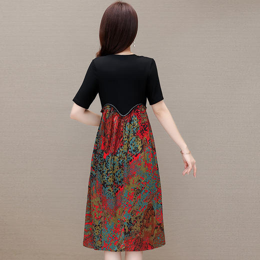 宽松休闲，夏款长款印花拼接连衣裙圆领短袖时尚气质A字裙QYM-CR-SMNEF38-L 商品图2