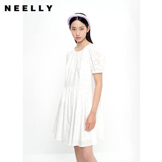 NEELLY纳俪商场同款夏季连衣裙女泡泡袖纯棉刺绣A字娃娃裙小个子 商品图2