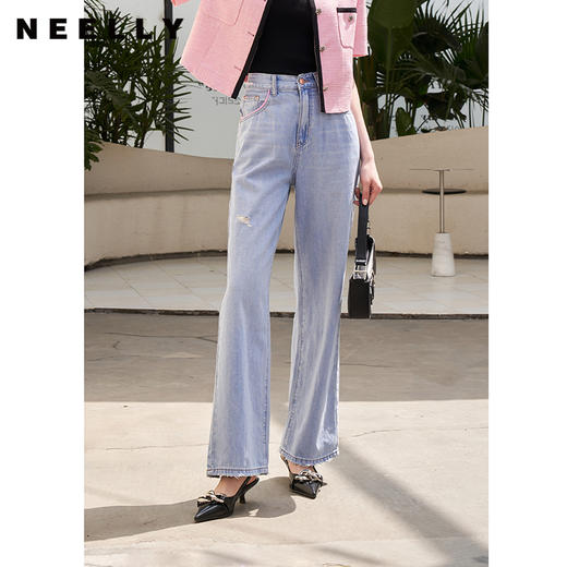 NEELLY纳俪撞色个性宽松直筒阔腿裤女柔软磨边破洞浅蓝牛仔裤薄款 商品图0