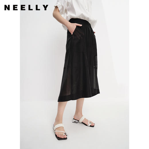 NEELLY纳俪商场同款夏季新款黑色半身裙女不规则裙摆中长款A字裙N23043E01099 商品图2