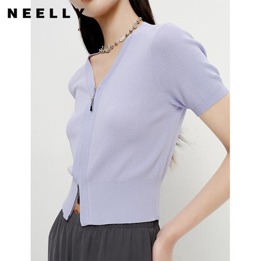 NEELLY纳俪商场同款夏季短袖针织衫女双头拉链V领修身短款开衫潮N23052A01141 商品图1