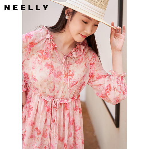 NEELLY纳俪商场同款法式碎花连衣裙女夏季长袖V领系带高腰裙子夏N23044Y03341 商品图2