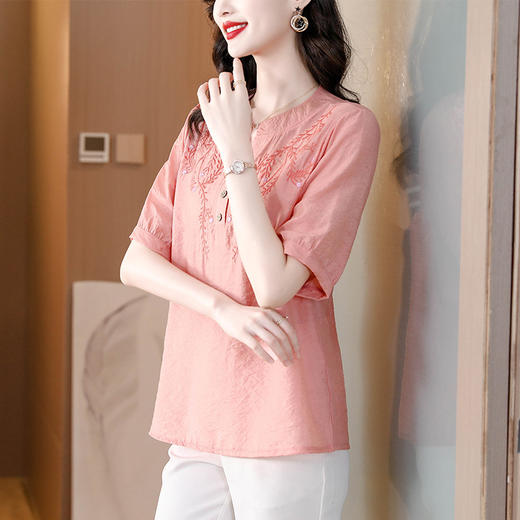 宽松舒适，绣花棉麻遮肚子显瘦上衣短袖女装套头小衫KQL-B38N3782 商品图3