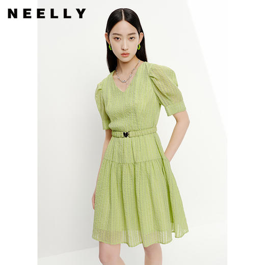 NEELLY纳俪商场同款V领连衣裙女中长款泡泡袖收腰系带A字裙轻薄夏N23051Y01123 商品图0