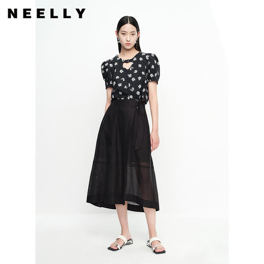 NEELLY纳俪商场同款夏季新款黑色半身裙女不规则裙摆中长款A字裙N23043E01099 商品图3