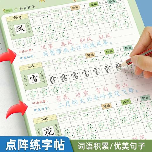 【八合一小学生练字帖】学好一类字认读二类字优美句子词语积累看拼音写词语1-6年级点阵字头本练字帖（含视频） 商品图3