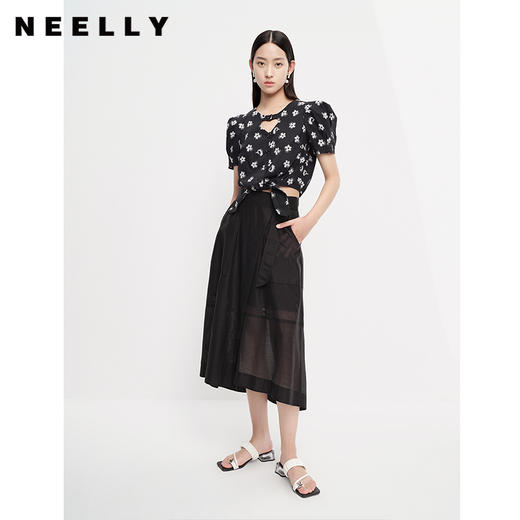 NEELLY纳俪商场同款泡泡袖印花衬衫女爱心镂空设计前系带短款上衣N23043R01083 商品图1