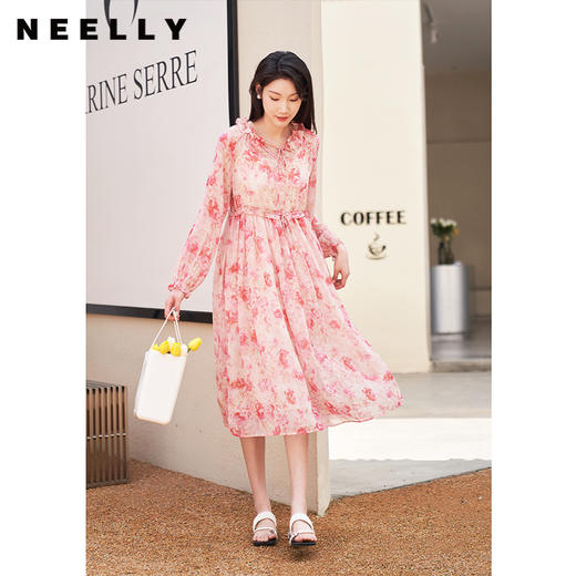 NEELLY纳俪商场同款法式碎花连衣裙女夏季长袖V领系带高腰裙子夏N23044Y03341 商品图0